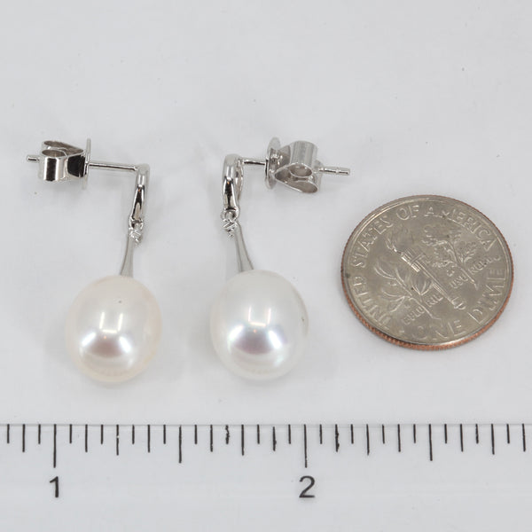 14K White Gold Diamond White Pearl Hanging Earrings D0.01 CT