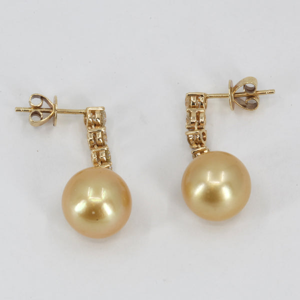 18K Yellow Gold Diamond South Sea Golden Pearl Hanging Earrings D0.98 CT