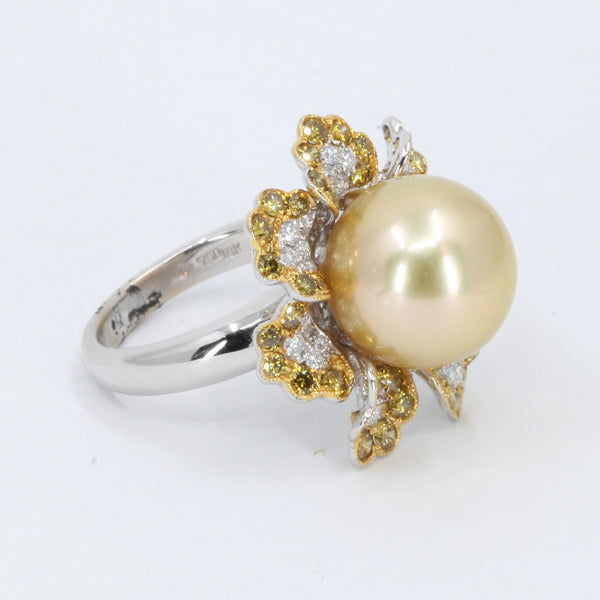 18K White Gold Diamond South Sea Golden Pearl Ring D1.84CT