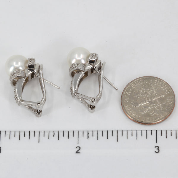 14K White Gold Diamond White Culture Pearl Hanging French Clip Earrings D0.22 CT