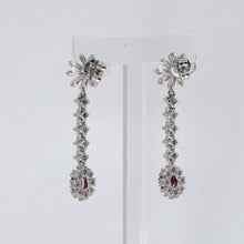 Load image into Gallery viewer, 18K Solid White Gold Diamond Flower Stud Ruby Hanging Earrings D1.70 CT
