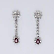 Load image into Gallery viewer, 18K Solid White Gold Diamond Flower Stud Ruby Hanging Earrings D1.70 CT
