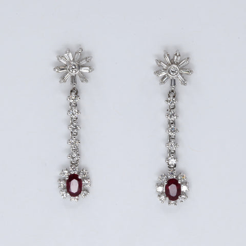 18K Solid White Gold Diamond Flower Stud Ruby Hanging Earrings D1.70 CT