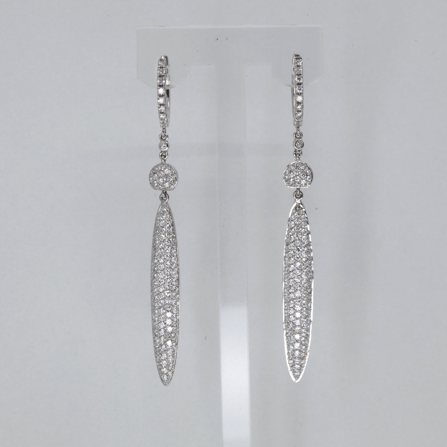 18K Solid White Gold Diamond Hanging Hoop Earrings D1.95 CT
