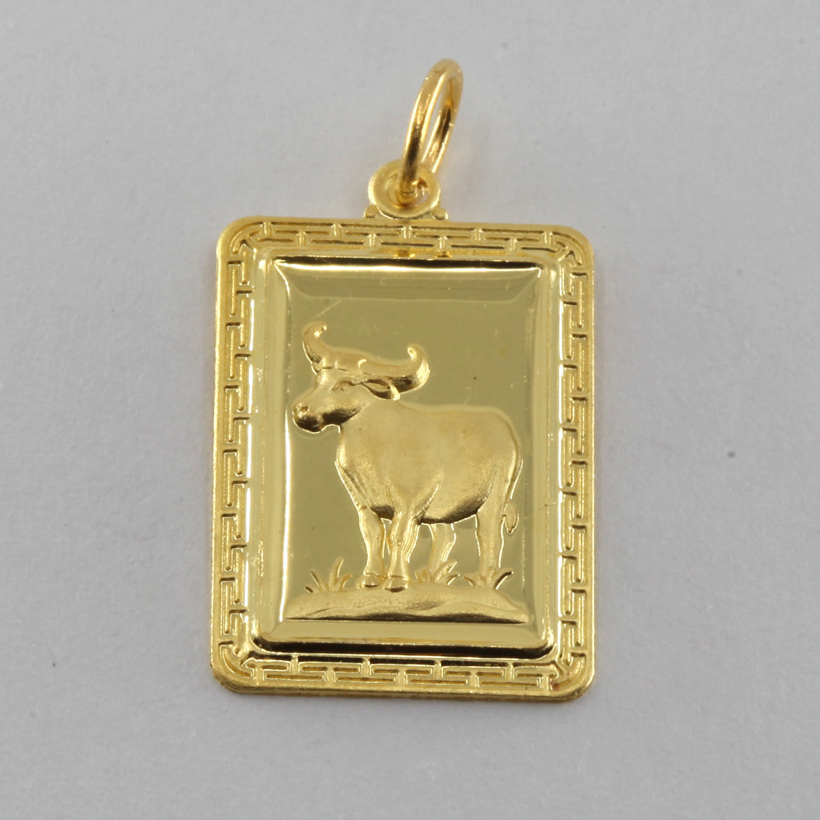 24K Solid Yellow Gold Rectangular Zodiac Ox Cow Pendant 6.2 Grams