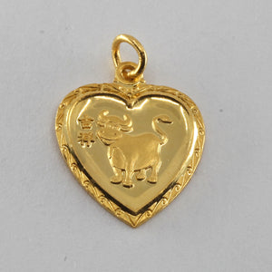 24K Solid Yellow Gold Heart Zodiac Ox Cow Pendant 3.1 Grams