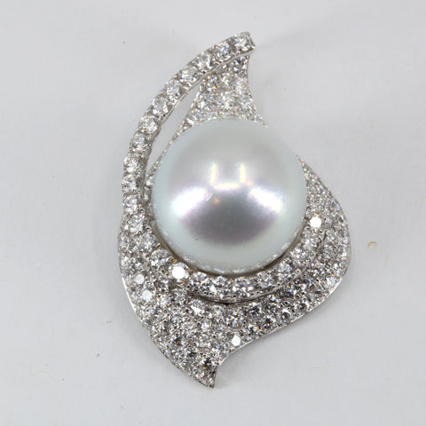 18K White Gold Diamond South Sea White Pearl Pendant D3.48 CT