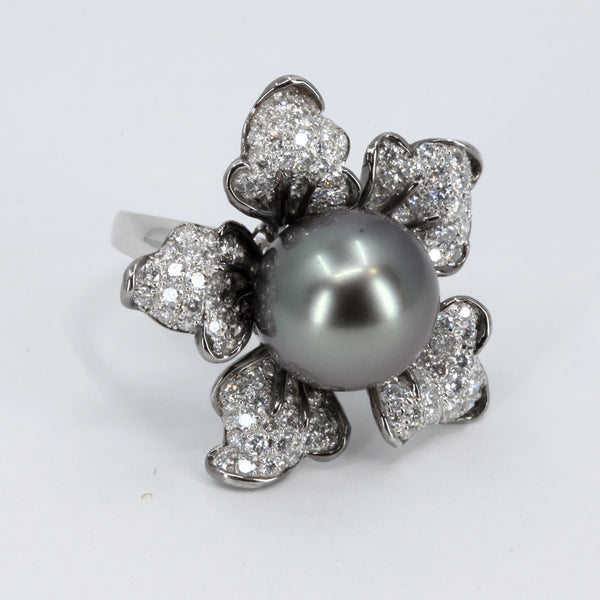 18K White Gold Diamond South Sea Black Pearl Ring D1.86CT