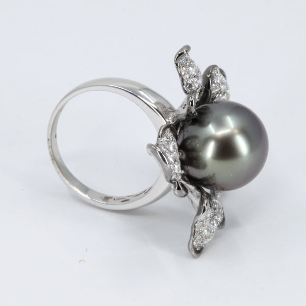 18K White Gold Diamond South Sea Black Pearl Ring D1.86CT