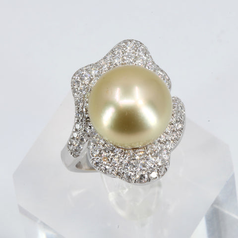18K White Gold Diamond South Sea Gold Pearl Ring D1.51 CT
