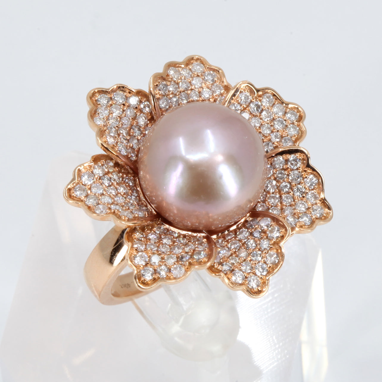 18K Solid Rose Gold Diamond Light Purple Water Pearl Ring D1.40 CT