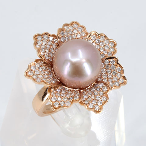 18K Rose Gold Diamond Light Purple Water Pearl Ring D1.40 CT