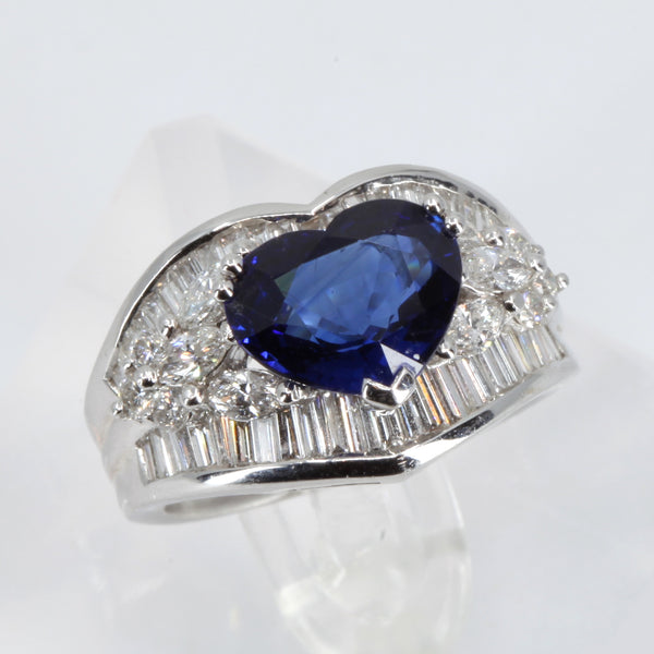 18K White Gold Women Diamond Sapphire Heart Ring S3.26CT