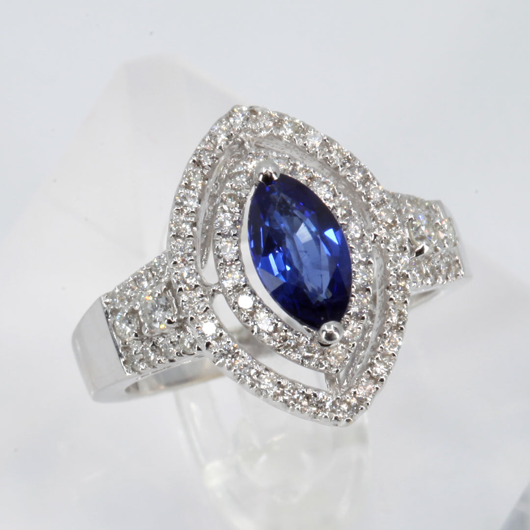 18K White Gold Women Diamond Marquise Sapphire Ring S1.03CT D0.60CT