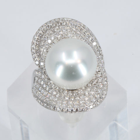 18K White Gold Diamond South Sea White Pearl Ring D2.64 CT