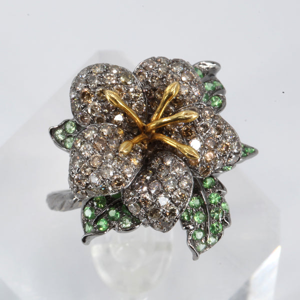 18K Black Gold Fancy Color Diamond Women Flower Ring D2.58 CT