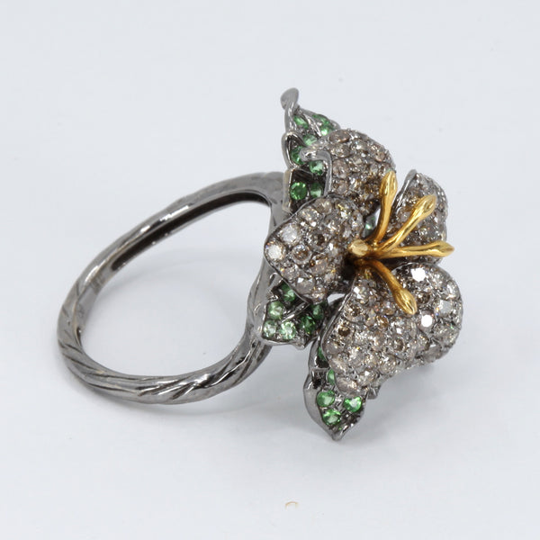 18K Black Gold Fancy Color Diamond Women Flower Ring D2.58 CT