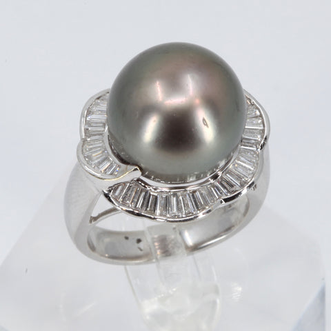 18K White Gold Diamond South Sea Black Pearl Ring D0.92 CT