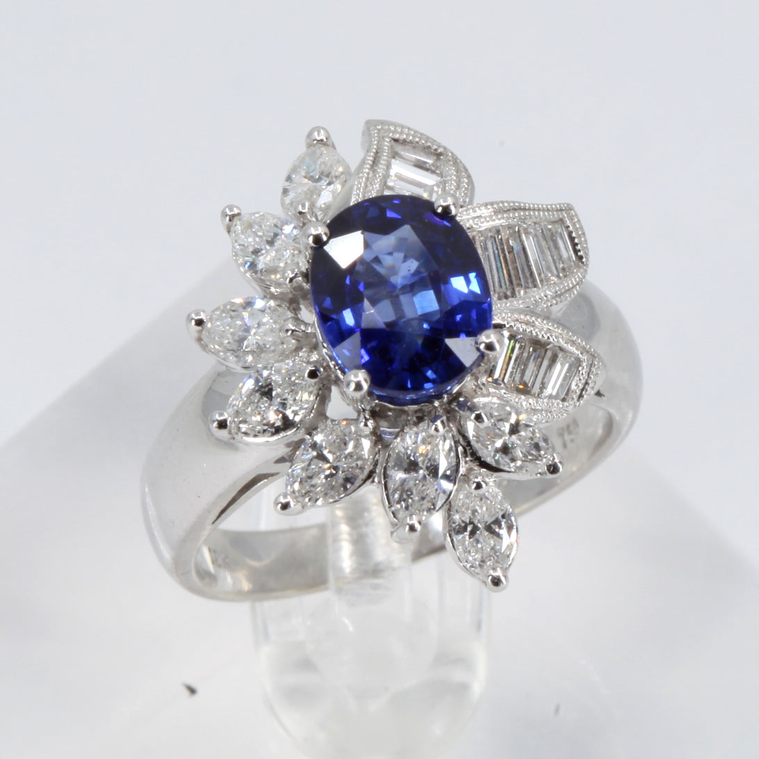 18K White Gold Women Diamond Sapphire Ring S2.25CT D1.22CT