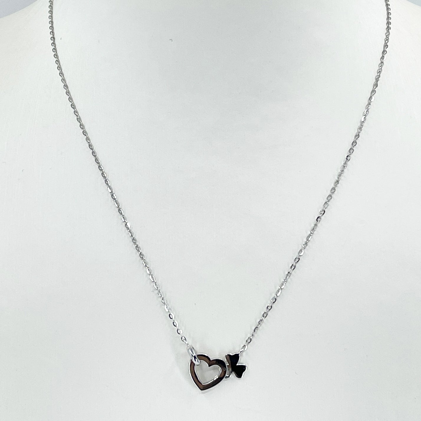 18K Solid White Gold Round Link Chain Necklace with Heart Pendant 16