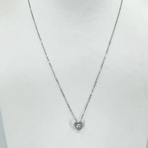 18K Solid White Gold Round Link Chain Necklace with Diamond Heart Pendant 18" D0.03 CT