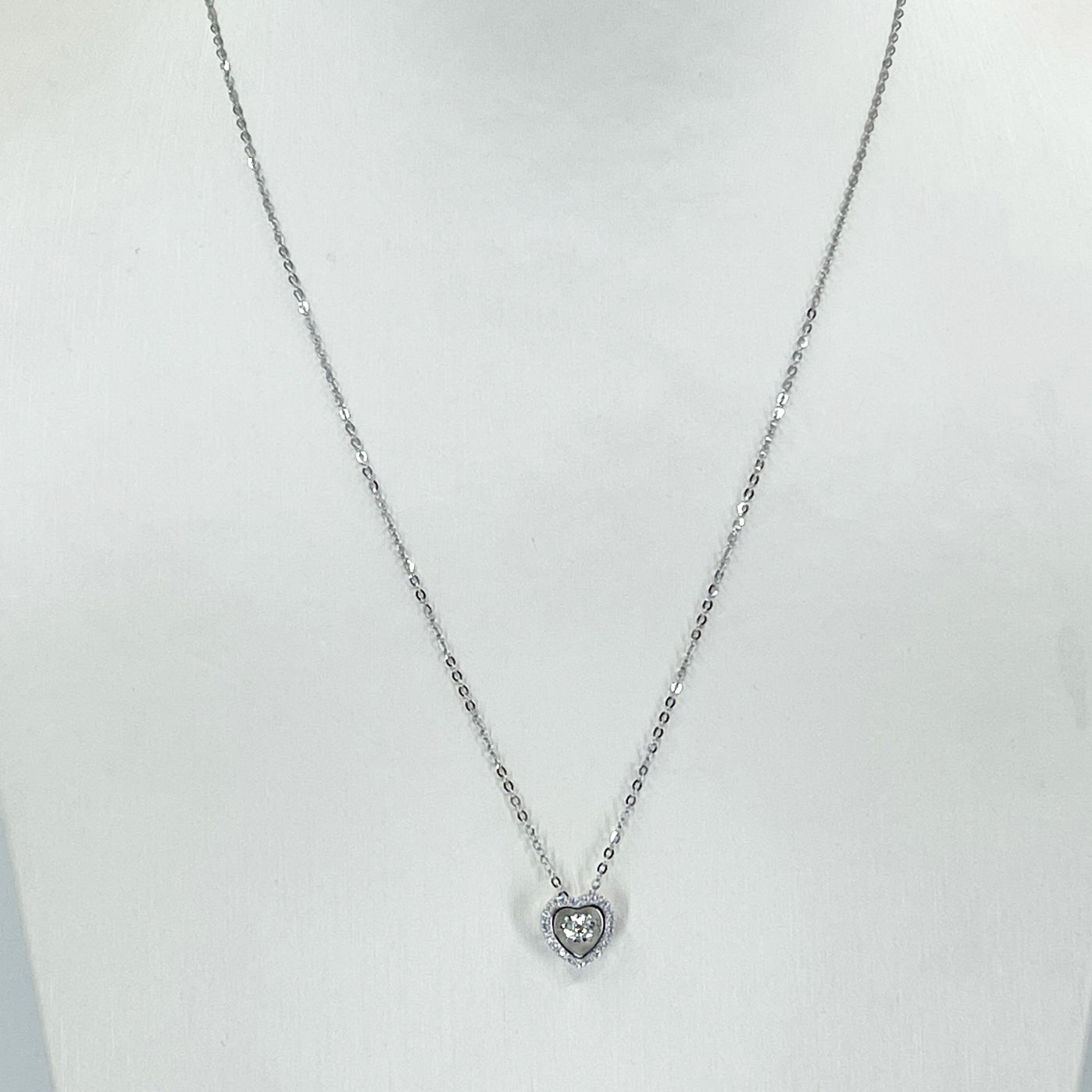18K Solid White Gold Round Link Chain Necklace with Diamond Heart Pendant 18