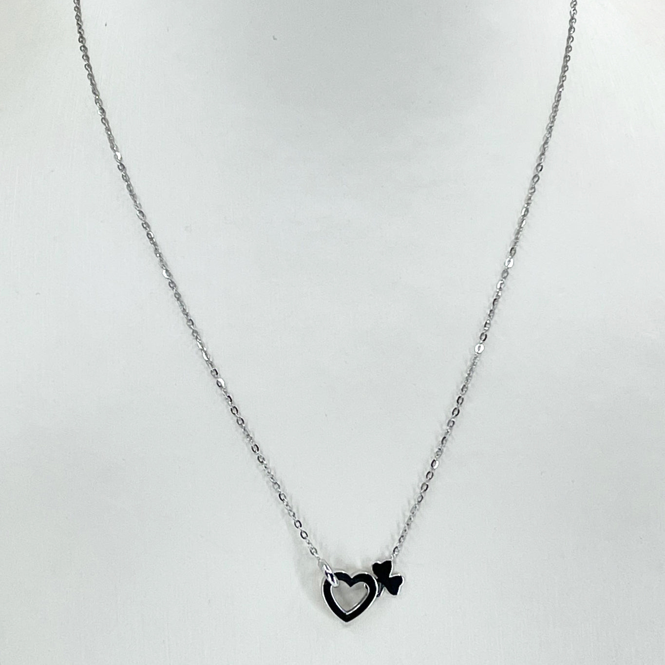 18K Solid White Gold Round Link Chain Necklace with Heart Pendant 16