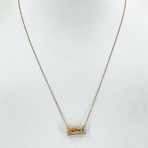 18K Solid Rose Gold Round Link Chain Necklace with Diamond Barrel Pendant 15.5" - 17.5" D0.27 CT
