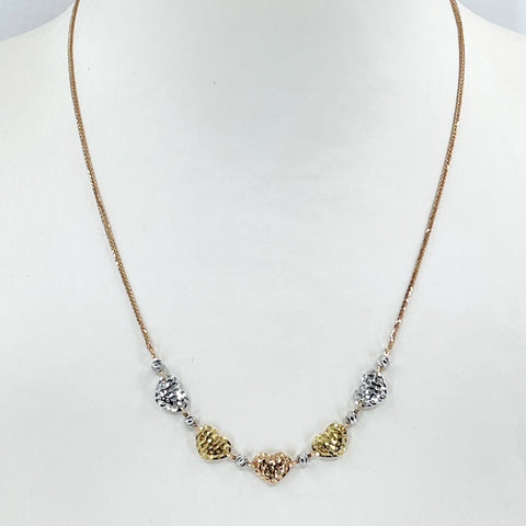 18K Solid Rose Gold Link Chain Necklace with Tri Color Heart Pendant 16"-17" 3.8 Grams