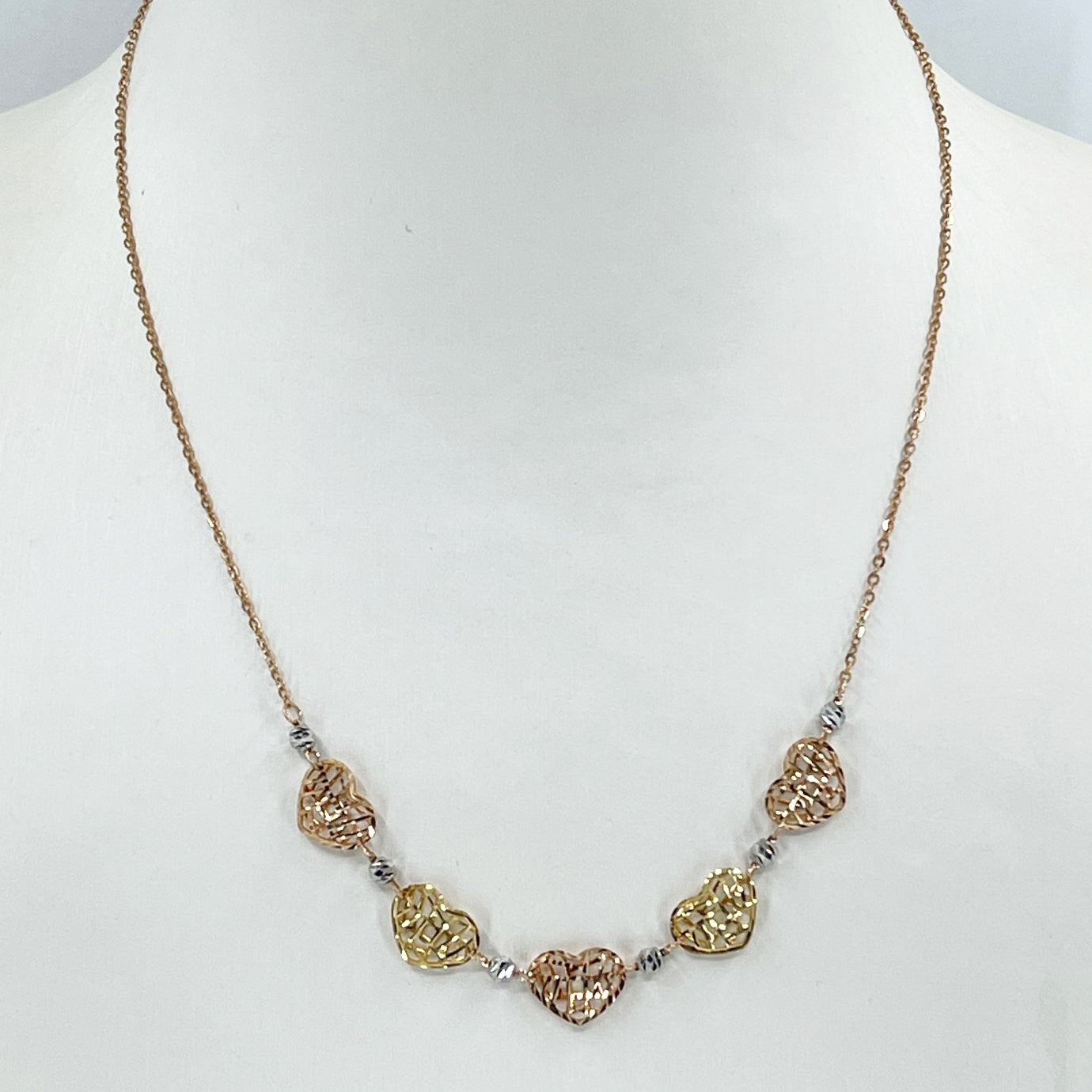 18K Solid Rose Gold Link Chain Necklace with Heart Pendant 16