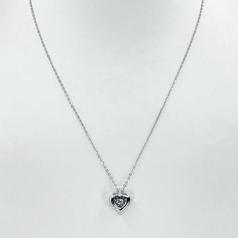 18K Solid White Gold Round Link Chain Necklace with Diamond Heart Pendant 16" D0.06 CT