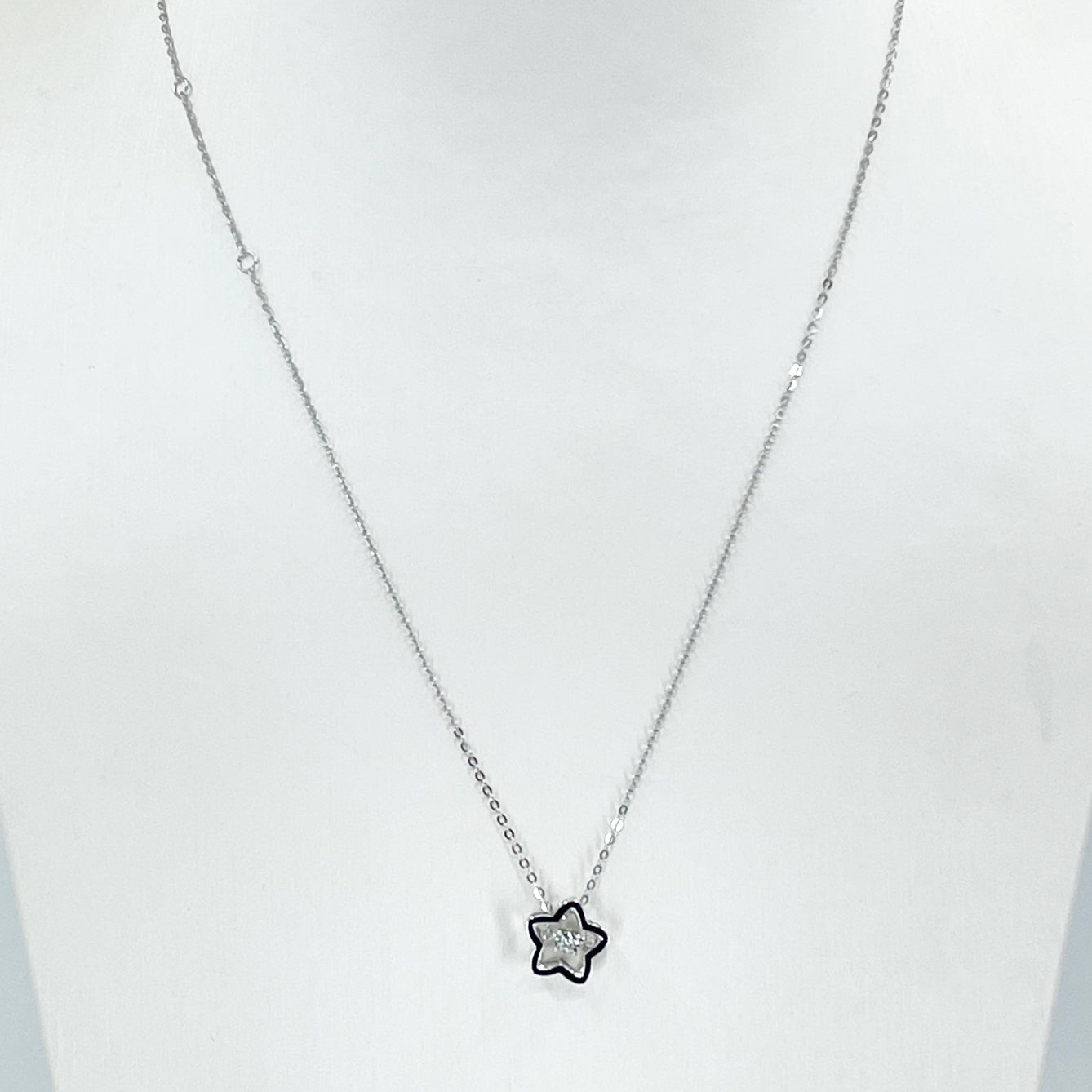 18K Solid White Gold Round Link Chain Necklace with Diamond Star Pendant 18