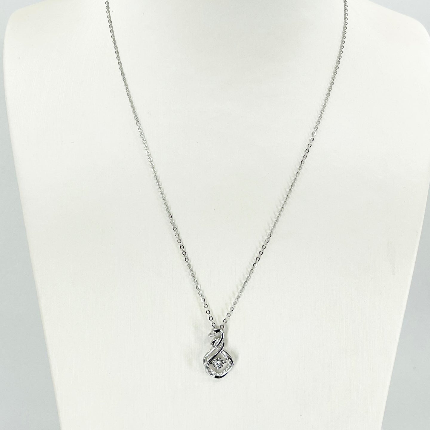 18K Solid White Gold Round Link Chain Necklace with Diamond Swan Pendant 16