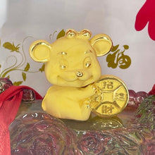 Load image into Gallery viewer, 24K Solid Yellow Gold Mouse Rat Holding Money Ornament Figurine 1 1/4&quot; x 1 1/2&quot;
