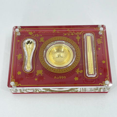 24K Solid Yellow Gold Spoon Bowl Chop Stick Ornament Figurine