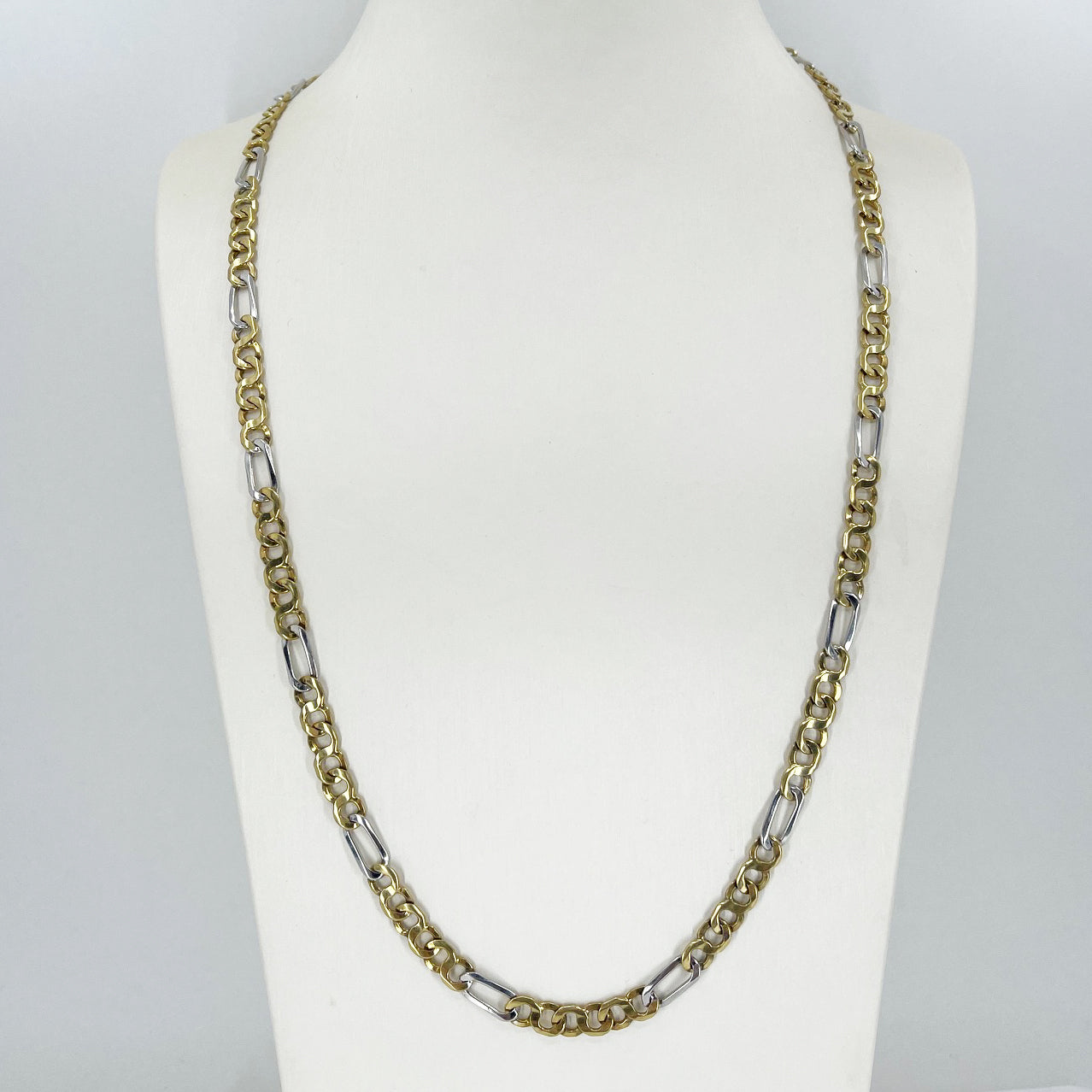 14K Solid Two Tone White Yellow Gold Figaro Style Link Chain 24