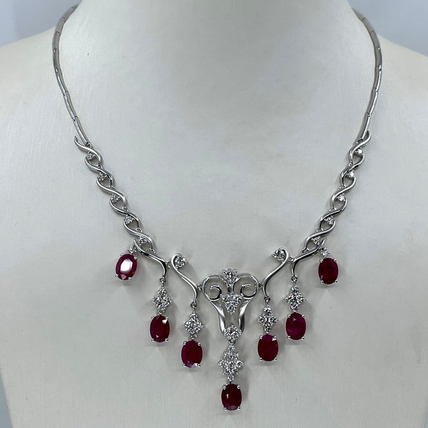 18K White Gold Diamond Ruby Necklace R12.39CT