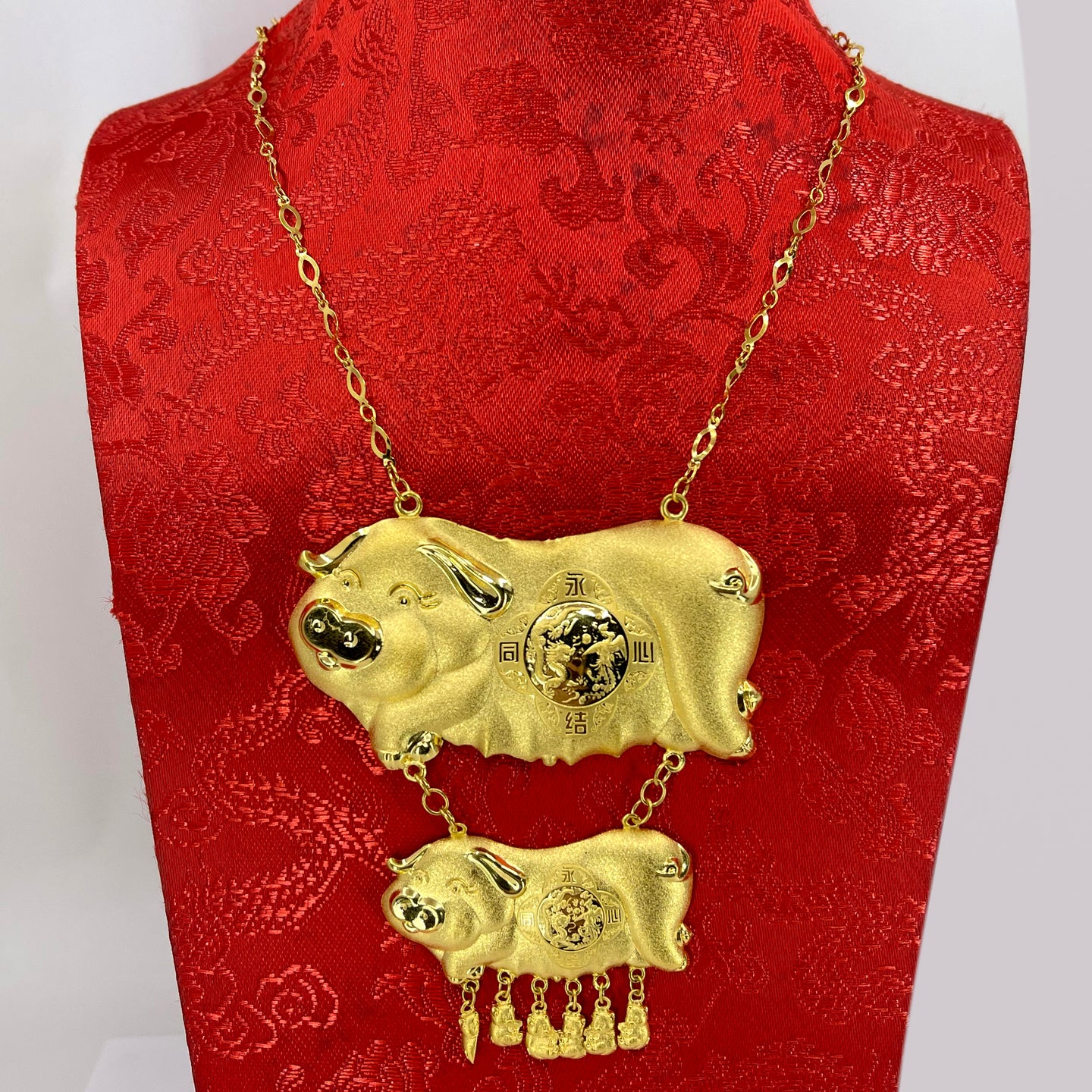 24K Solid Yellow Gold Wedding Pig Piglets Chain Necklace 16.7 Grams 17.5