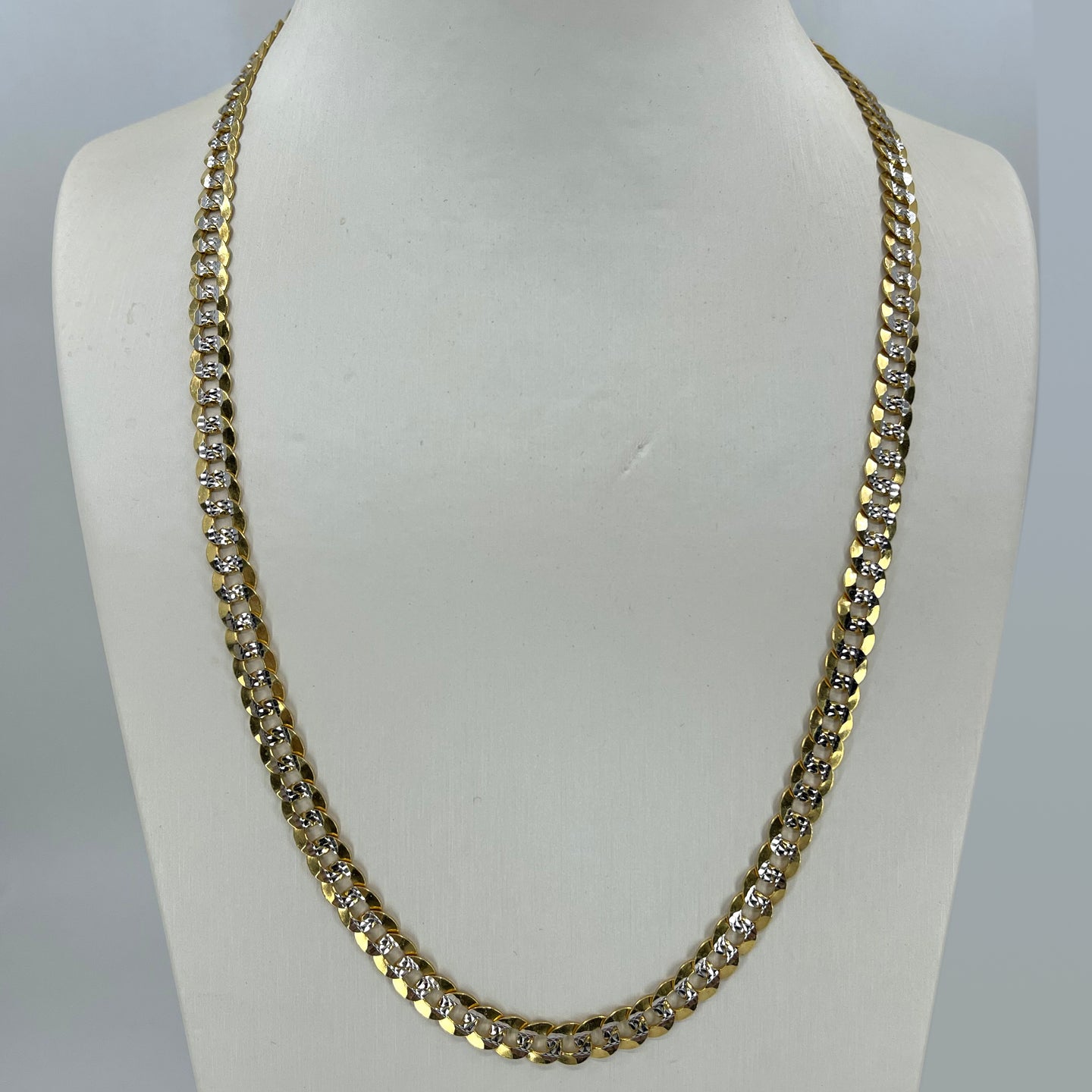 18K Solid Two Tone Yellow White Gold Flat Stone Cut Cuban Link Chain 22