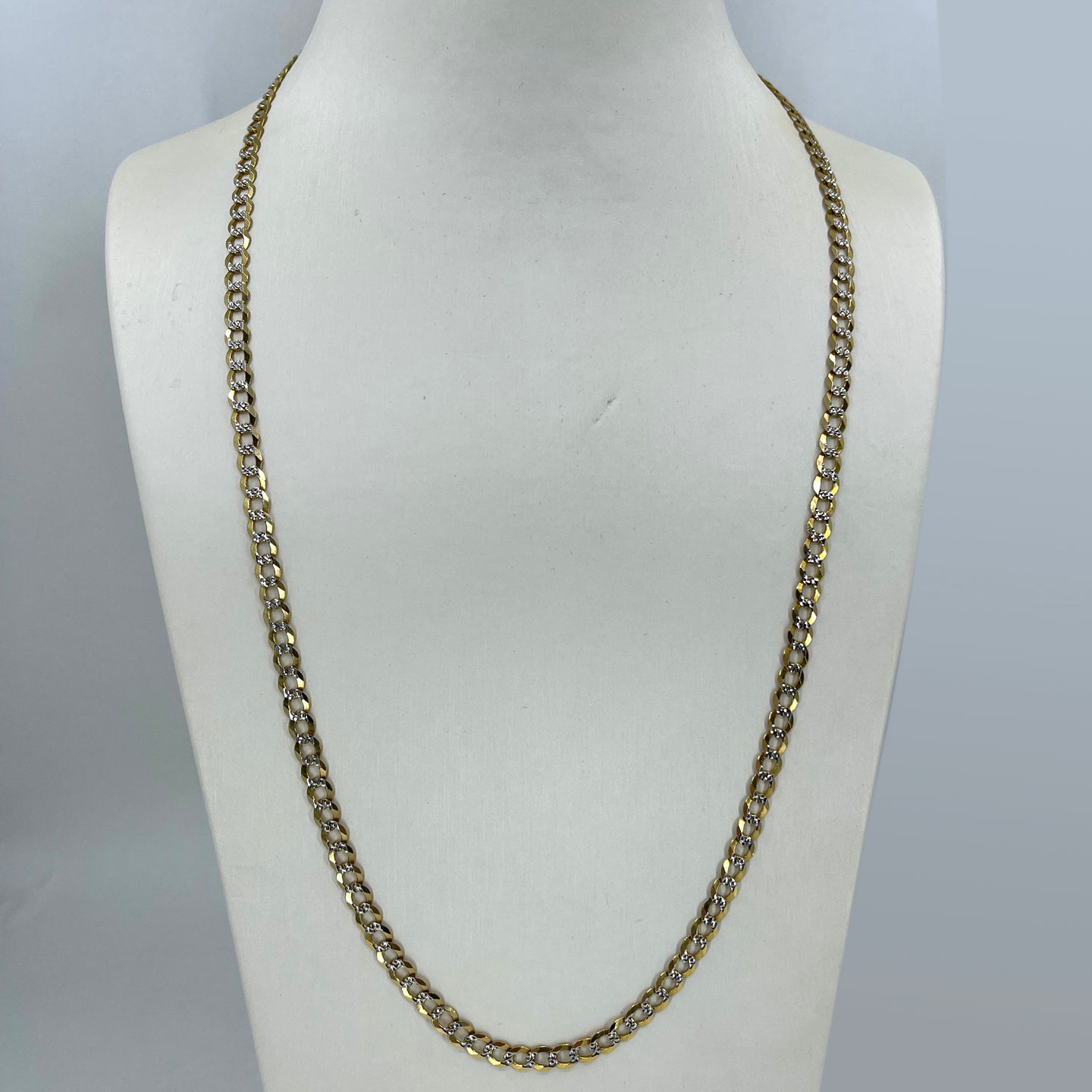 14K Solid Two Tone Yellow White Gold Flat Stone Cut Cuban Link Chain 24