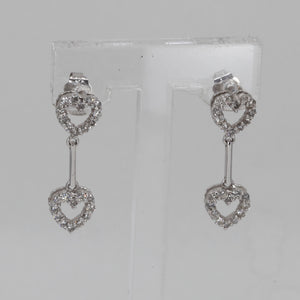14K Solid White Gold Diamond Hanging Double Heart Stud Earrings D0.66 CT