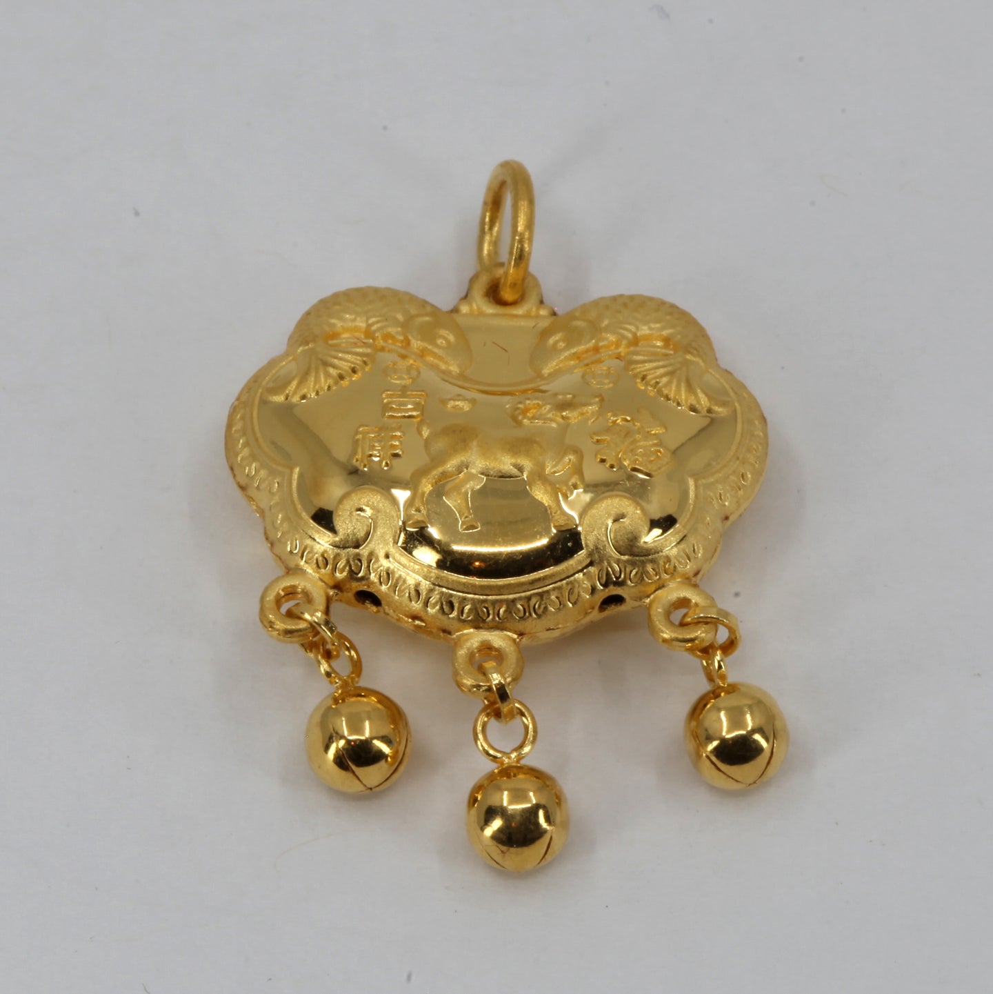 24K Solid Yellow Gold Baby Puffy Sheep Longevity Lock with Bells Hollow Pendant 3.9 Grams